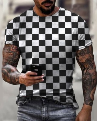 Round neck black and white plaid creative T-shirt HF2214-02-04